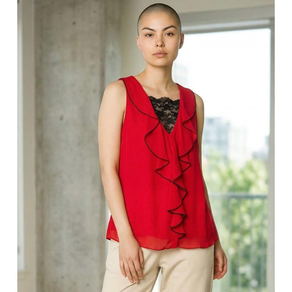 A. Byer Women's Red Ruffle V-Neck Lace Trim Sleeveless Georgette Blouse Size M